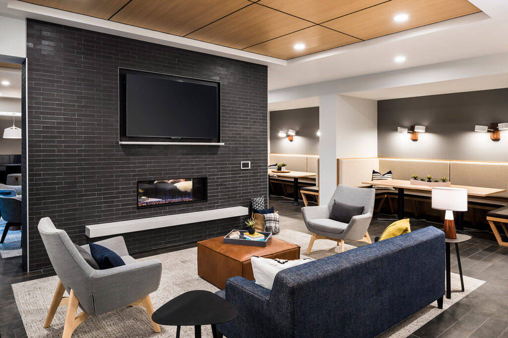 Photo of the lounge area inside the Indigo apartments in Bloomington, Minnesota.