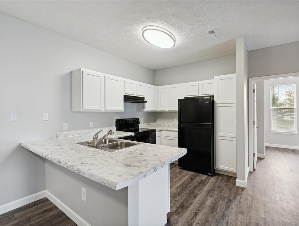 Photo of the kitchen in a unit at Towne Park in Troy, Ohio.