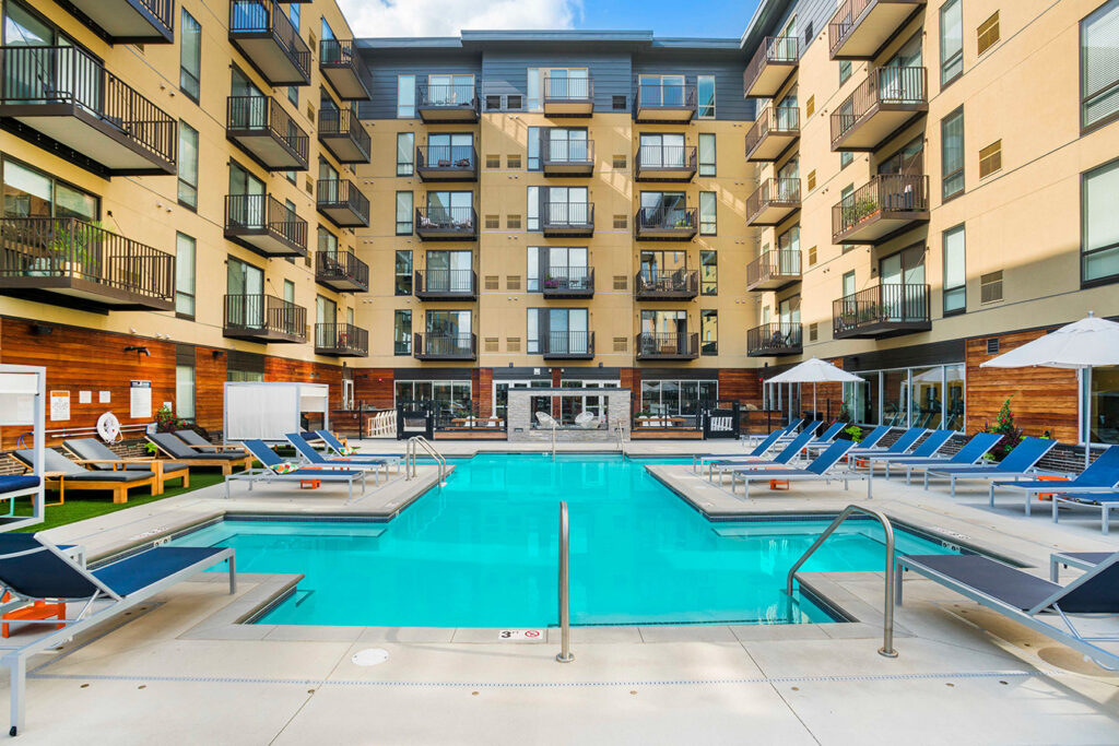 Photo of the pool and courtyard area at the Indigo Apartments in Bloomington, Minnesota.