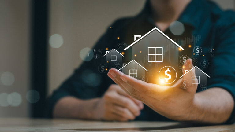 Real estate concept business, home insurance and real estate protection. Real estate investment concept. Buy and sell houses and real estate online on a virtual screen
