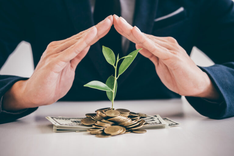 Hands of businessman protection plant sprouting growing from golden coins and banknotes, business investment and strategy concept